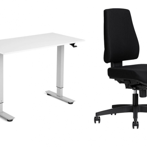 Hæve- /sænkebord AARSLEV hvid/alugrå & kontorstol LUMBY