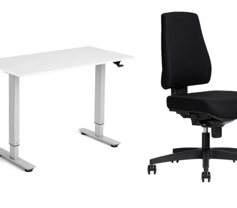 Hæve- /sænkebord AARSLEV hvid/alugrå & kontorstol LUMBY